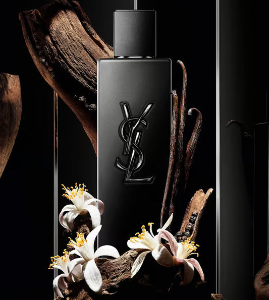 Black YSL perfume bottle with vanilla beans and flowers on a dark background Yves Saint Laurent MYSLF Le Parfum 100 ml (3.3 fl.oz)