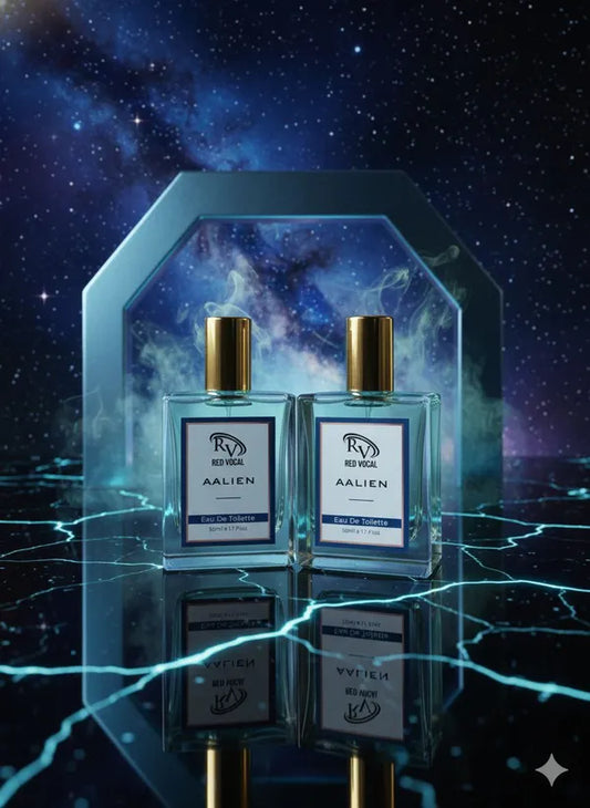Two perfume bottles labeled 'Aalien' with a cosmic background Red Vocal Aalien Premium Perfume Eau De Toilette 50ml – Long Lasting Unisex with Woody Amber Notes Set of 2