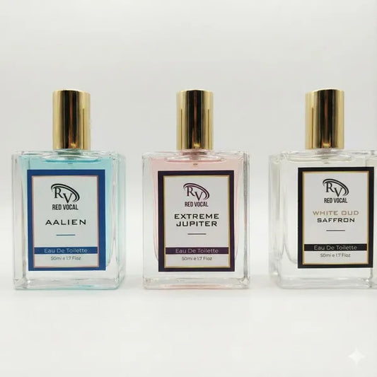 Three perfume bottles from Red Vocal on a white background Red Vocal Aalien for Unisex , Extreme Jupiter for Women & White Oud Saffron Premium Perfume for Unisex Combo | Eau De Toilette | 3 x 50ml