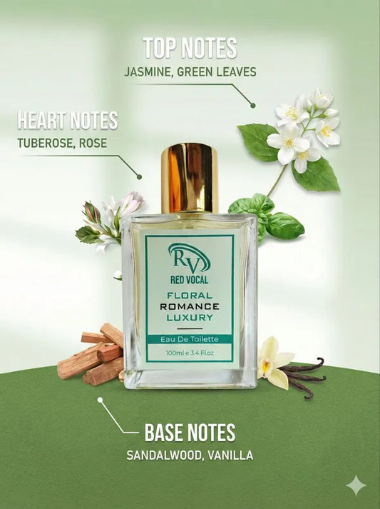 Perfume bottle labeled 'Red Vocal Floral Romance Luxury' with floral elements on a green background Buy Red Vocal Floral Romance perfume for women 100ml. Elegant, long-lasting floral EDT for daily wear and special occasions. 100% original, fast shipping.