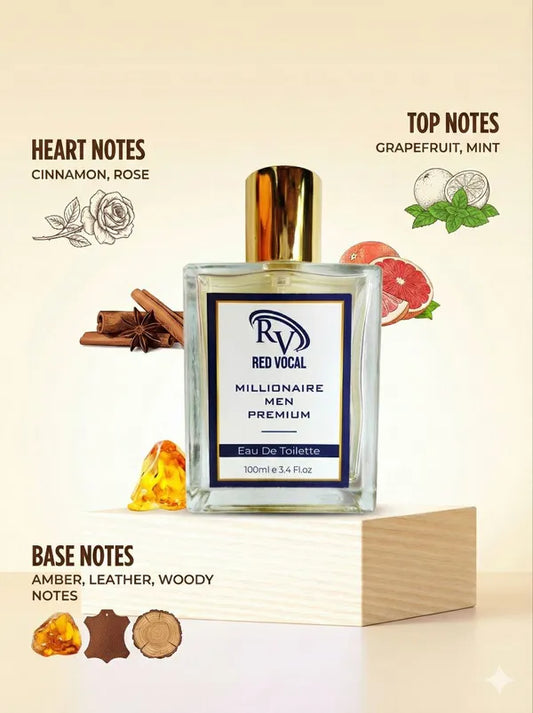 Perfume bottle labeled 'Red Vocal' with notes displayed on a beige Red Vocal Millionaire Men Premium Perfume Eau De Toilette – Long-Lasting 100ml Bold & Luxurious Fragrancebackground