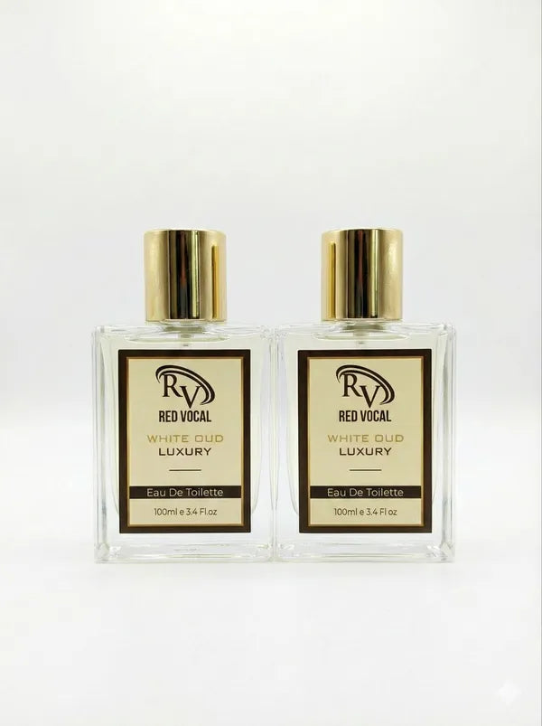 Two bottles of Red Vocal White Oud Luxury Eau De Toilette on a white background Red Vocal White Oud Luxury Premium Perfume Eau De Toilette – Unisex 100ml Bold & Long-Lasting Set of 2 Fragrance