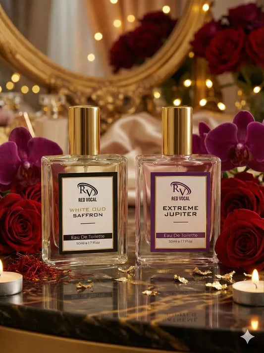 Two perfume bottles labeled 'White Gold Saffron' and 'Extreme Jupiter' on a decorative table with flowers and candles.
Red Vocal White Oud Saffron For Unisex & Extreme Jupiter Premium Perfume Set For Women | Long-Lasting Eau De Toilette | 2 x 50ml