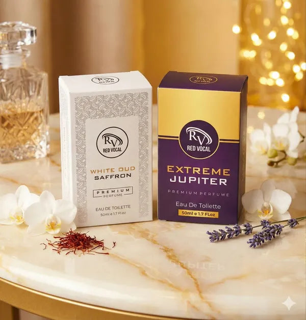 Two perfume boxes on a marble surface with flowers and saffron.
Red Vocal White Oud Saffron For Unisex & Extreme Jupiter Premium Perfume Set For Women | Long-Lasting Eau De Toilette | 2 x 50ml