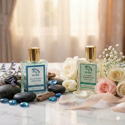 Two perfume bottles with floral labels on a decorative surface with flowers and stones.