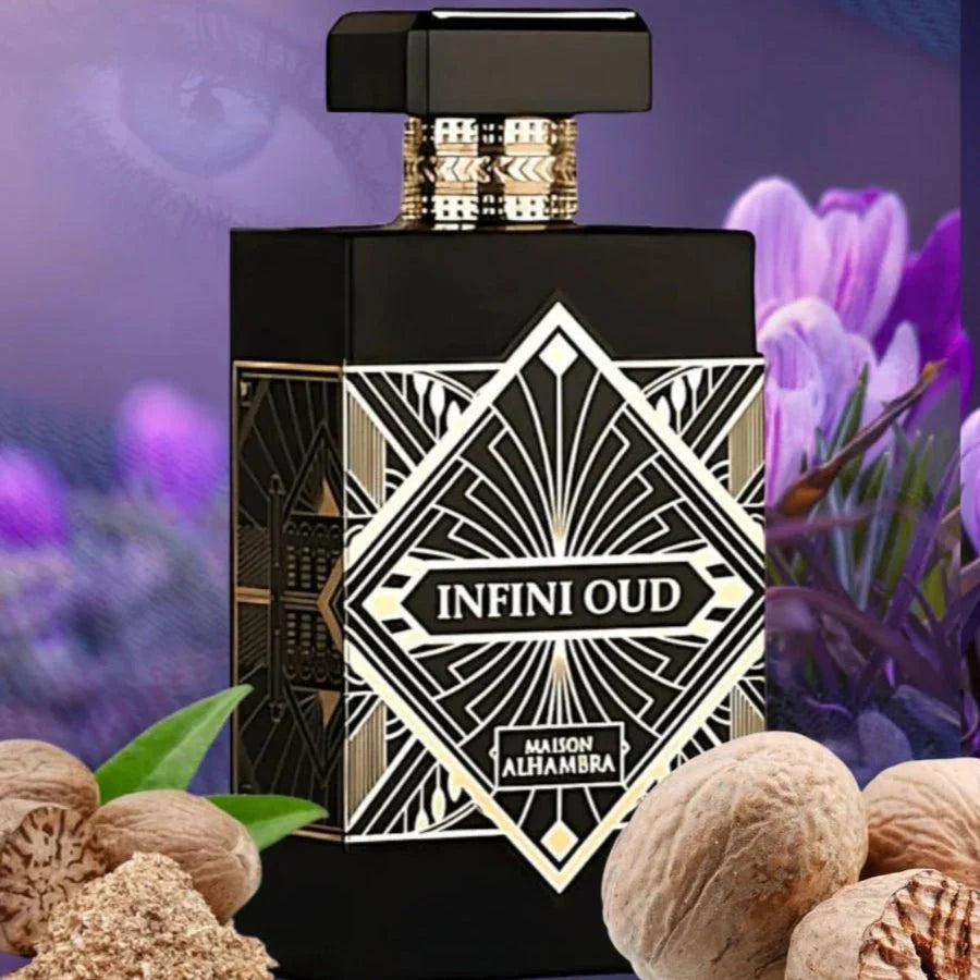 Perfume bottle labeled 'Infini Oud' with decorative elements and flowers in the background