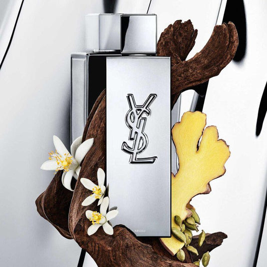 YSL perfume bottle with floral elements on a white background Yves Saint Laurent MYSLF Le Parfum L'Absolu 100 ml (3.3 fl.oz)