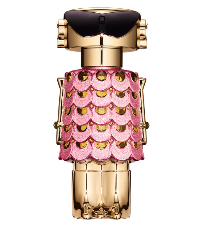 Perfume bottle with pink and gold design on a white background Perfume bottle with decorative cap on a pink background with flowers Paco Rabbane Fame Blooming Pink 80ml
