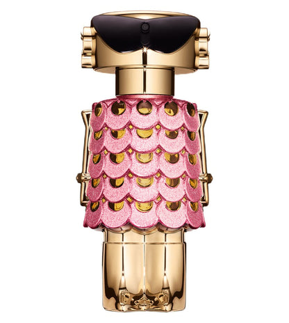 Perfume bottle with pink and gold design on a white background Perfume bottle with decorative cap on a pink background with flowers Paco Rabbane Fame Blooming Pink 80ml
