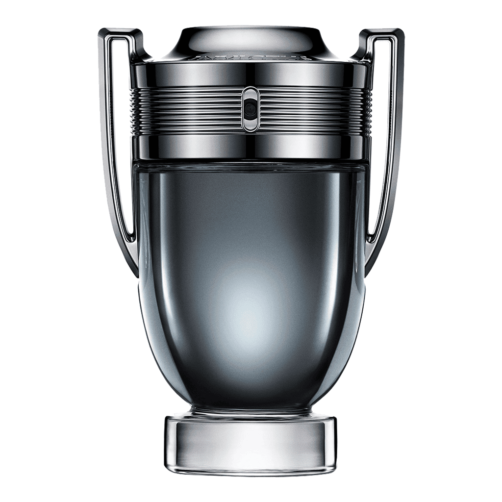 Silver and black container with handles on a white background Paco Rabbane Invictus Intense 100ml