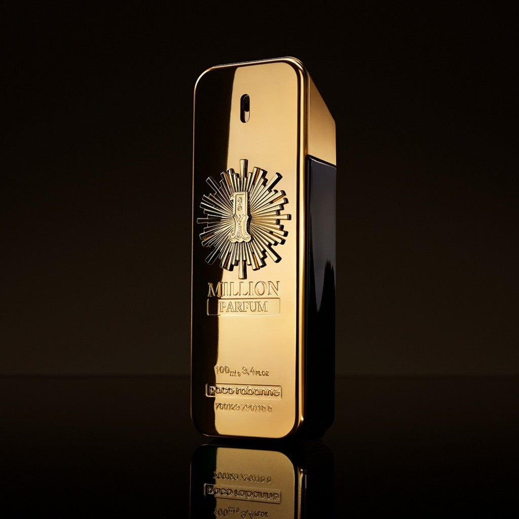 Gold perfume bottle with brand logo on a black background Paco Rabbane 1 Million 100ml
