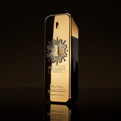 Gold perfume bottle with brand logo on a black background Paco Rabbane 1 Million 100ml
