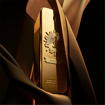 Gold phone case with a brand logo on a dark background Paco Rabbane 1 Million 100ml
