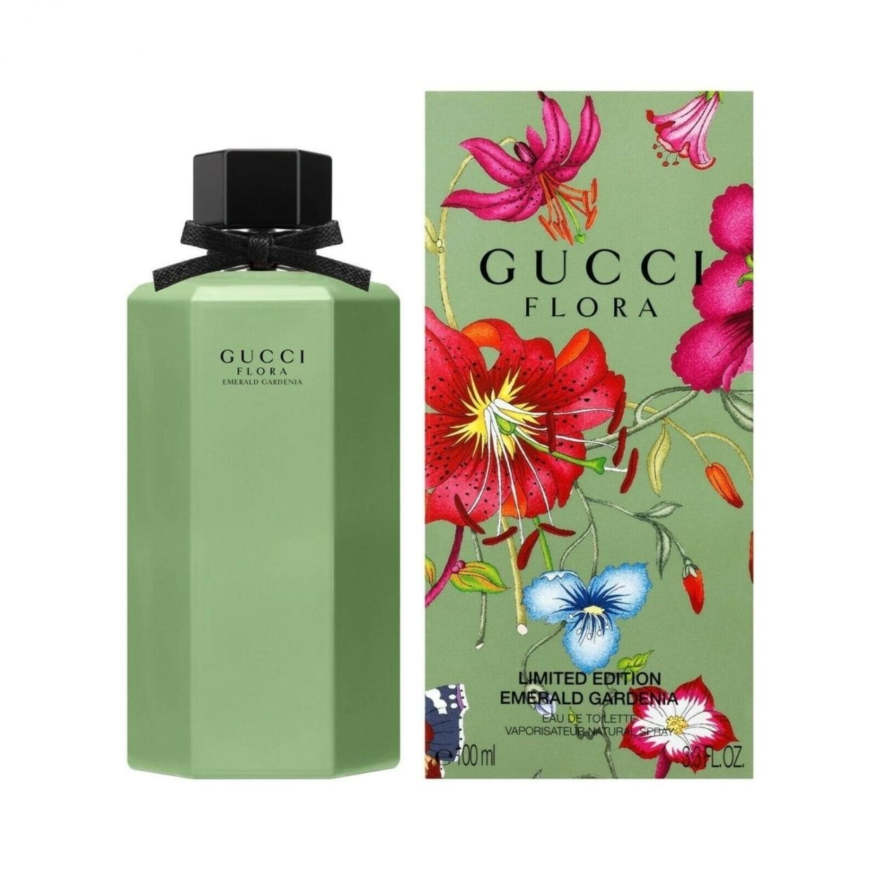 Green Gucci perfume bottle and packaging with floral design on a neutral background Gucci Flora Emerald Gardenia 100ml