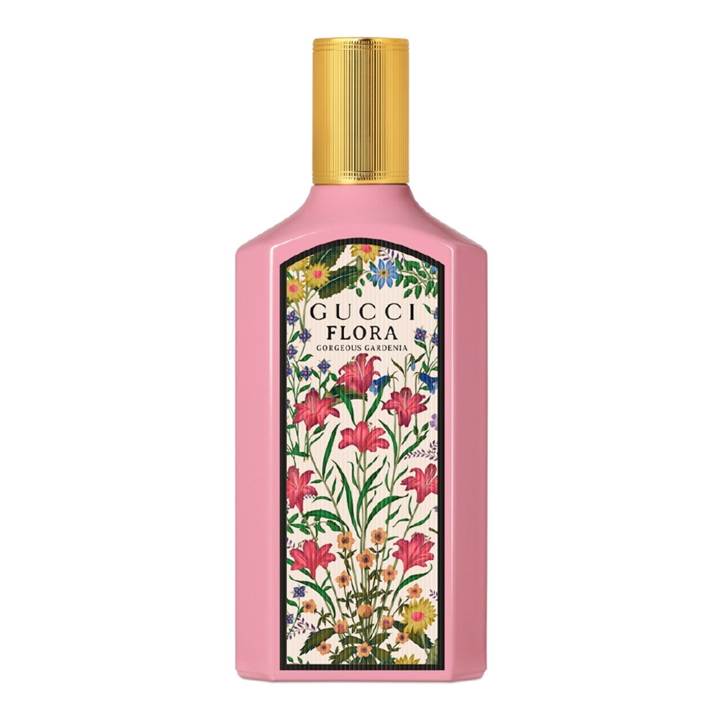Gucci Flora perfume bottle with floral design on a white background