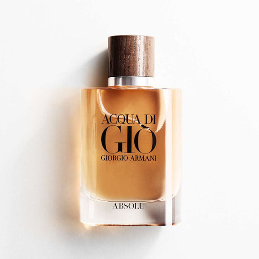 Perfume bottle of Acqua di Giò Absolu by Giorgio Armani on a light background