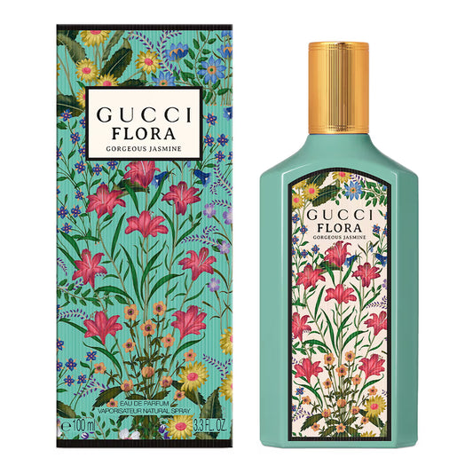 Gucci Flora perfume bottle and packaging with floral design on a white backgroundGucci Flora Gorgeous Jasmine Eau de Parfum 100 ml (3.4 fl.oz)