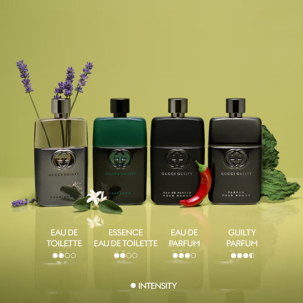 Four Gucci perfume bottles on a green background with intensity indicators below. Gucci Guilty Black Pour Homme Eau de Toilette 90 ml (3 fl.oz)