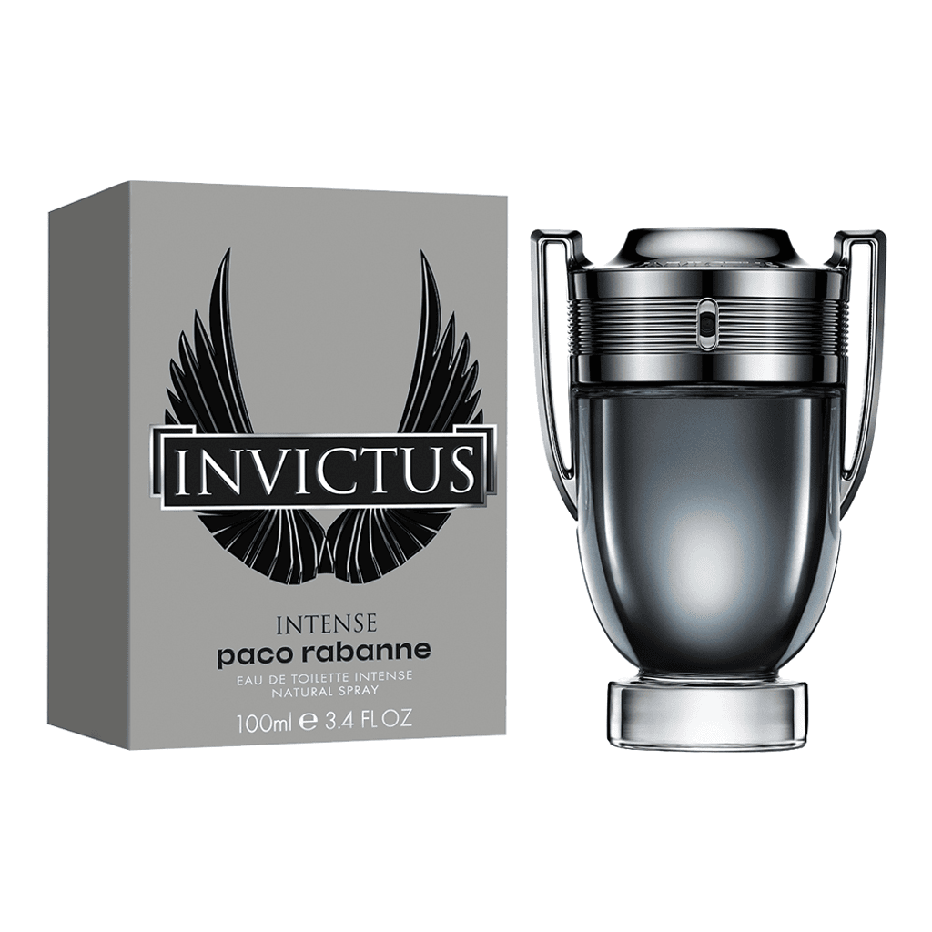 Paco Rabanne Invictus Intense perfume bottle and packaging on a white background