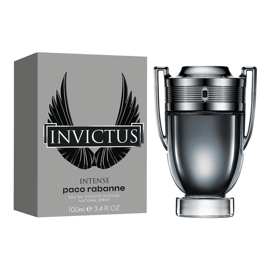 Paco Rabanne Invictus Intense perfume bottle and packaging on a white background