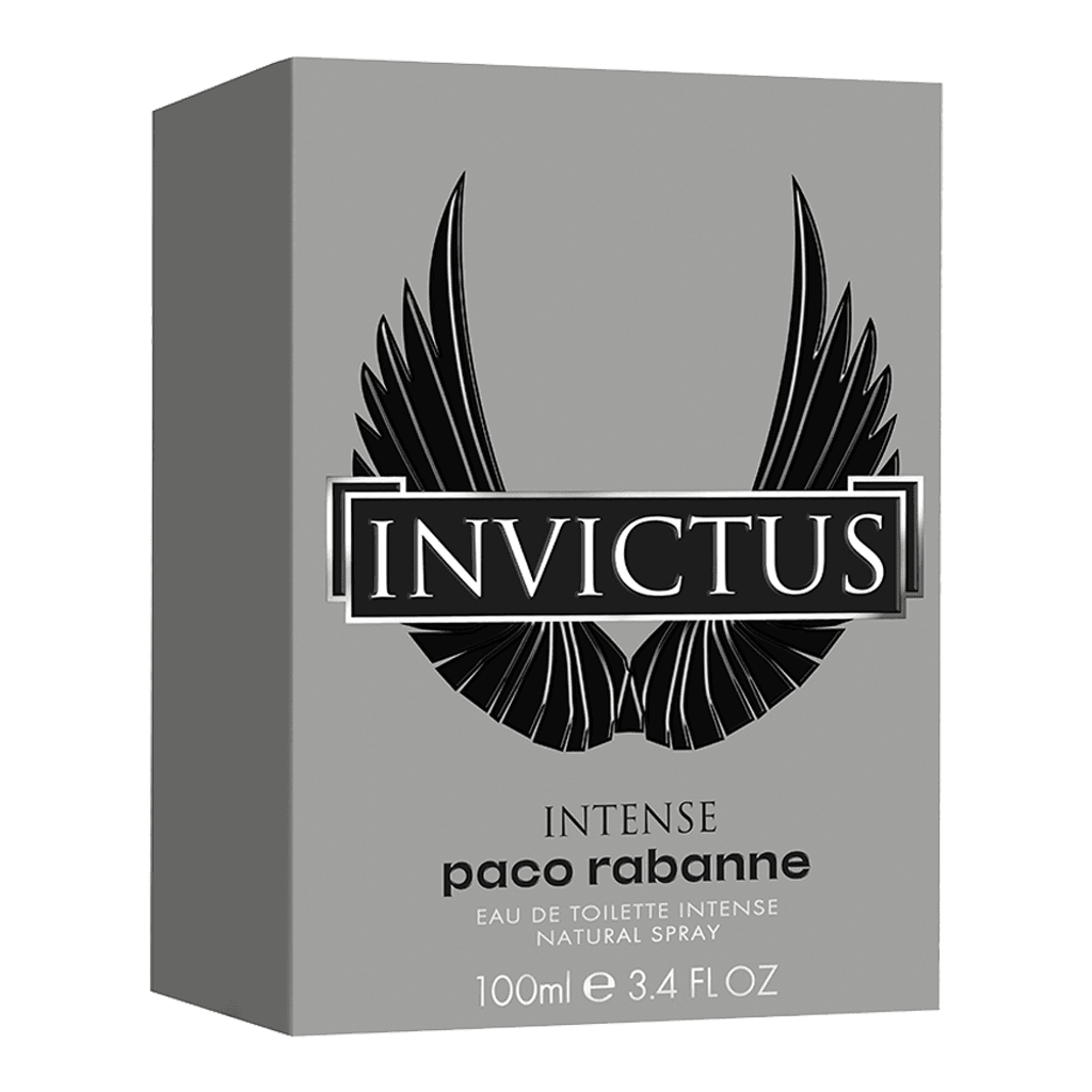 Invictus Intense by Paco Rabanne perfume packaging on a white background