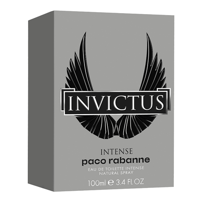 Invictus Intense by Paco Rabanne perfume packaging on a white background