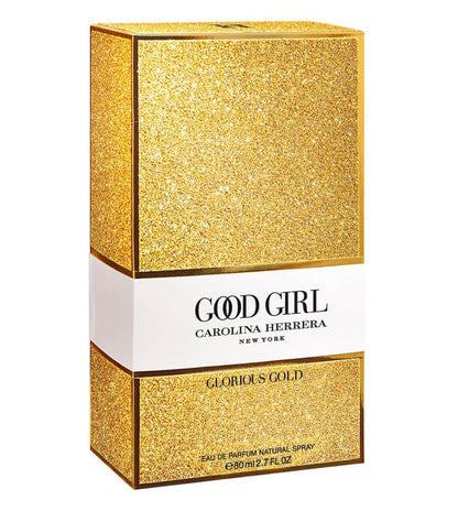 Gold and white packaging of Carolina Herrera Good Girl Glorious Gold perfume.