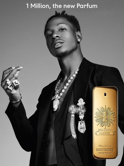 Man holding a gold '1 Million' perfume bottle with text above him.