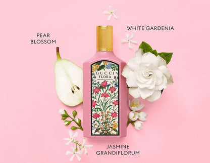 Gucci Flora perfume bottle with floral design on a pink background