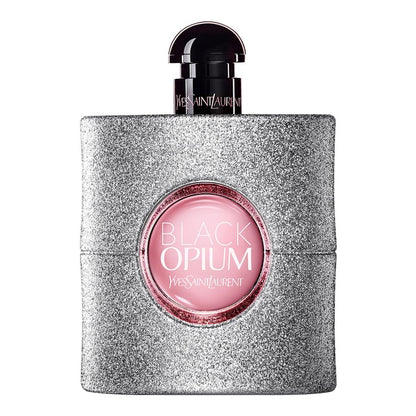 Yves Saint Laurent Black Opium perfume bottle with silver glittery finish and pink center.