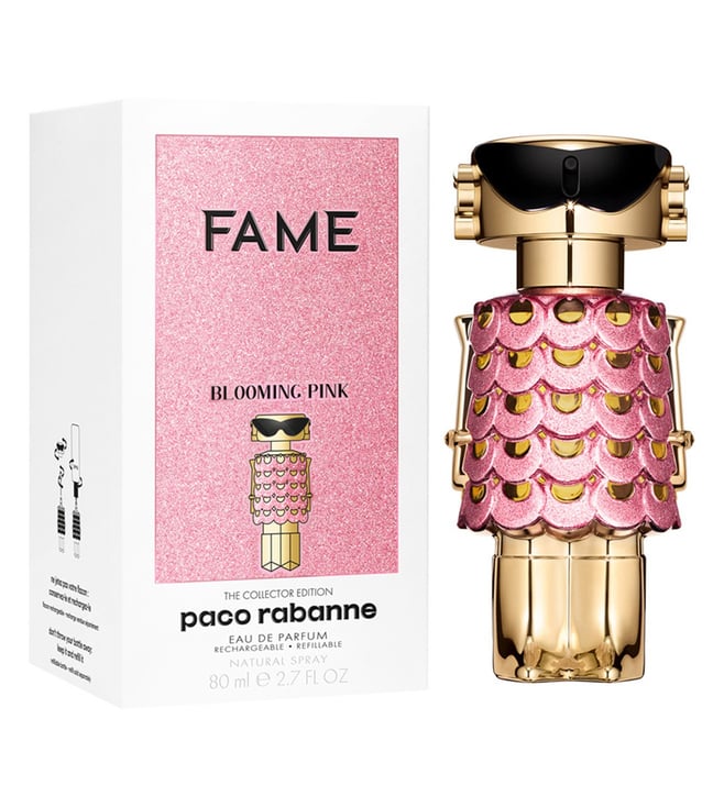 Paco Rabanne 'Fame Blooming Pink' perfume bottle and packaging on a white background