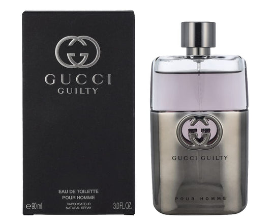 Gucci Guilty Pour Homme perfume bottle and packaging on a white background Gucci Guilty Pour Homme Eau de Toilette 90 ml (3 fl.oz)