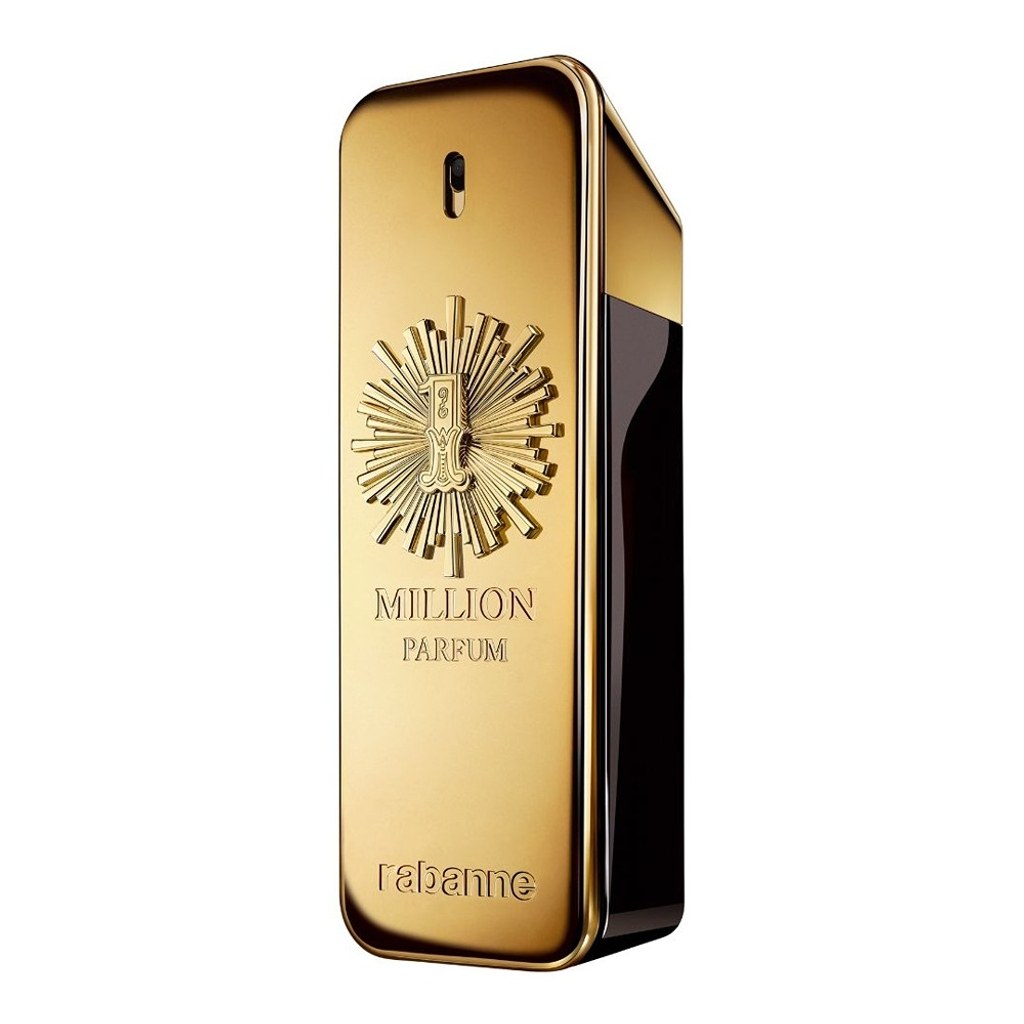 Gold perfume bottle with 'Milion Parfum' and 'Fébène' branding on a white background