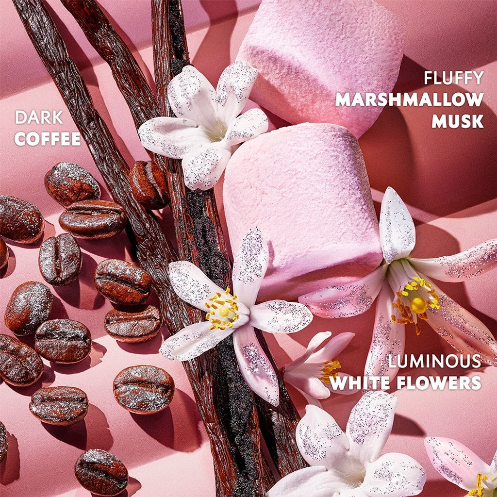 Vanilla beans, flowers, and marshmallows on a pink background with text labels.