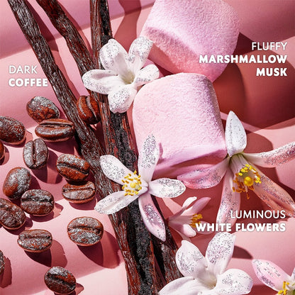 Vanilla beans, flowers, and marshmallows on a pink background with text labels.