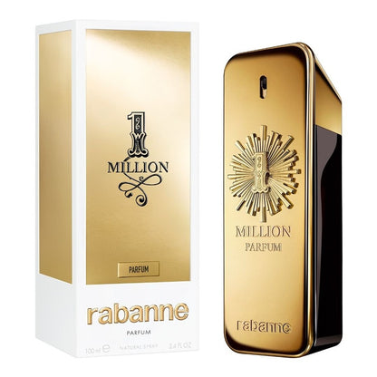 Gold perfume bottle and packaging of '1 Million' by Rabanne on a white background