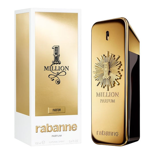 Gold perfume bottle and packaging of '1 Million' by Rabanne on a white background