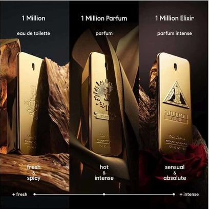 Three gold perfume bottles with labels '1 Million', '1 Million Parfum', and '1 Million Elixir' on a dark background.