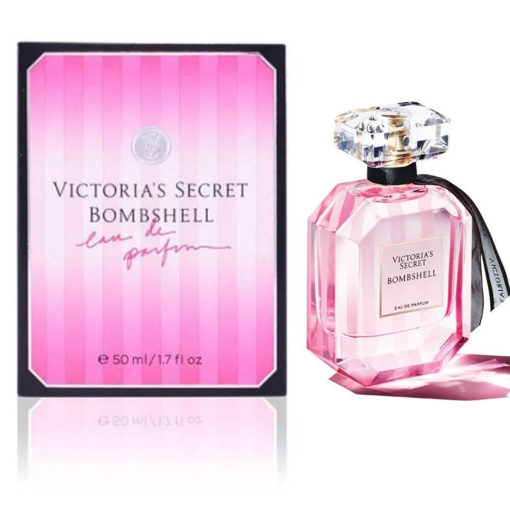 Victoria's Secret Bombshell perfume bottle and packaging on a white background