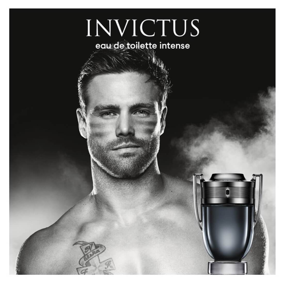 Advertisement for Invictus eau de toilette intense with a man and the perfume bottle.