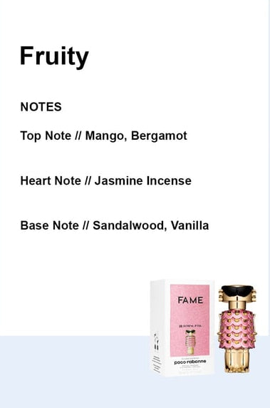 Perfume bottle with flavor notes on a light blue background