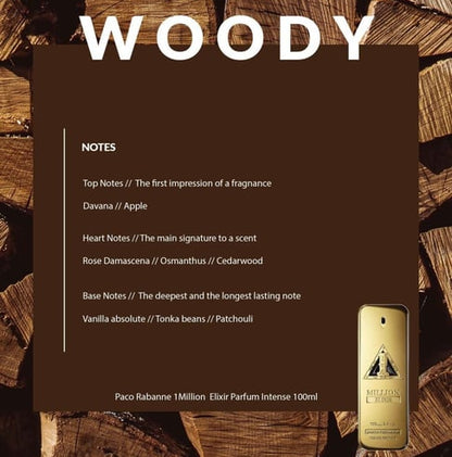 Advertisement for Paco Rabanne 1 Million Elixir Parfum Intense 100ml with a description of the woody fragrance family on a wooden background.