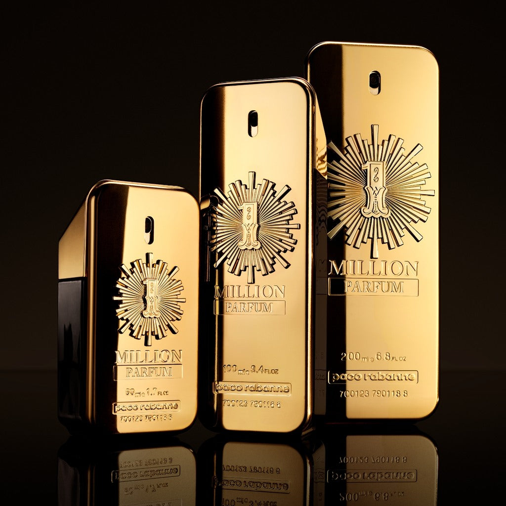 Three gold perfume bottles with 'Milion' branding on a black background
