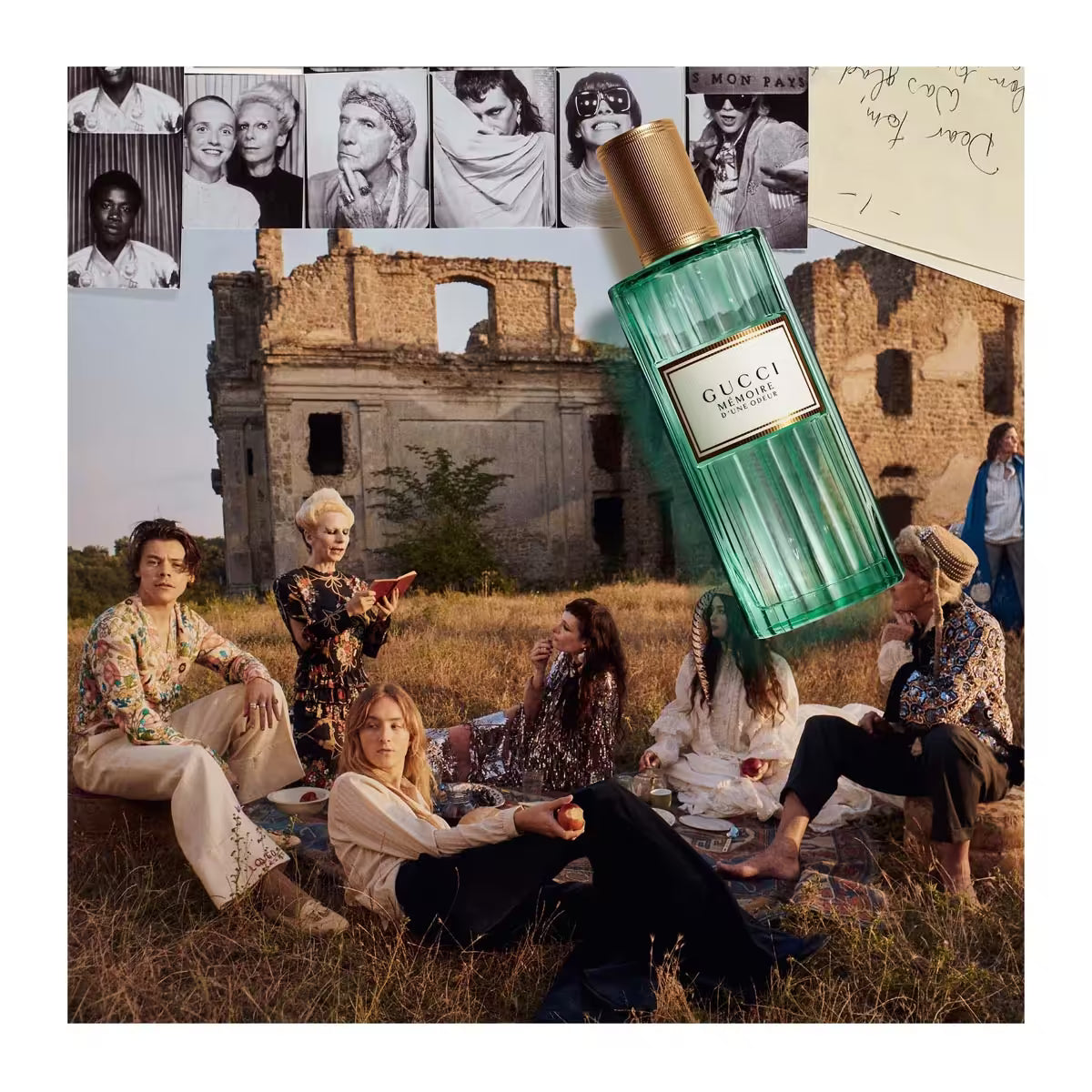 Perfume bottle with 'Gucci' label on a collage of people in a field with ruins in the background Gucci Mémoire d'une Odeur Eau de Parfum 100 ml (3.4 fl.oz)