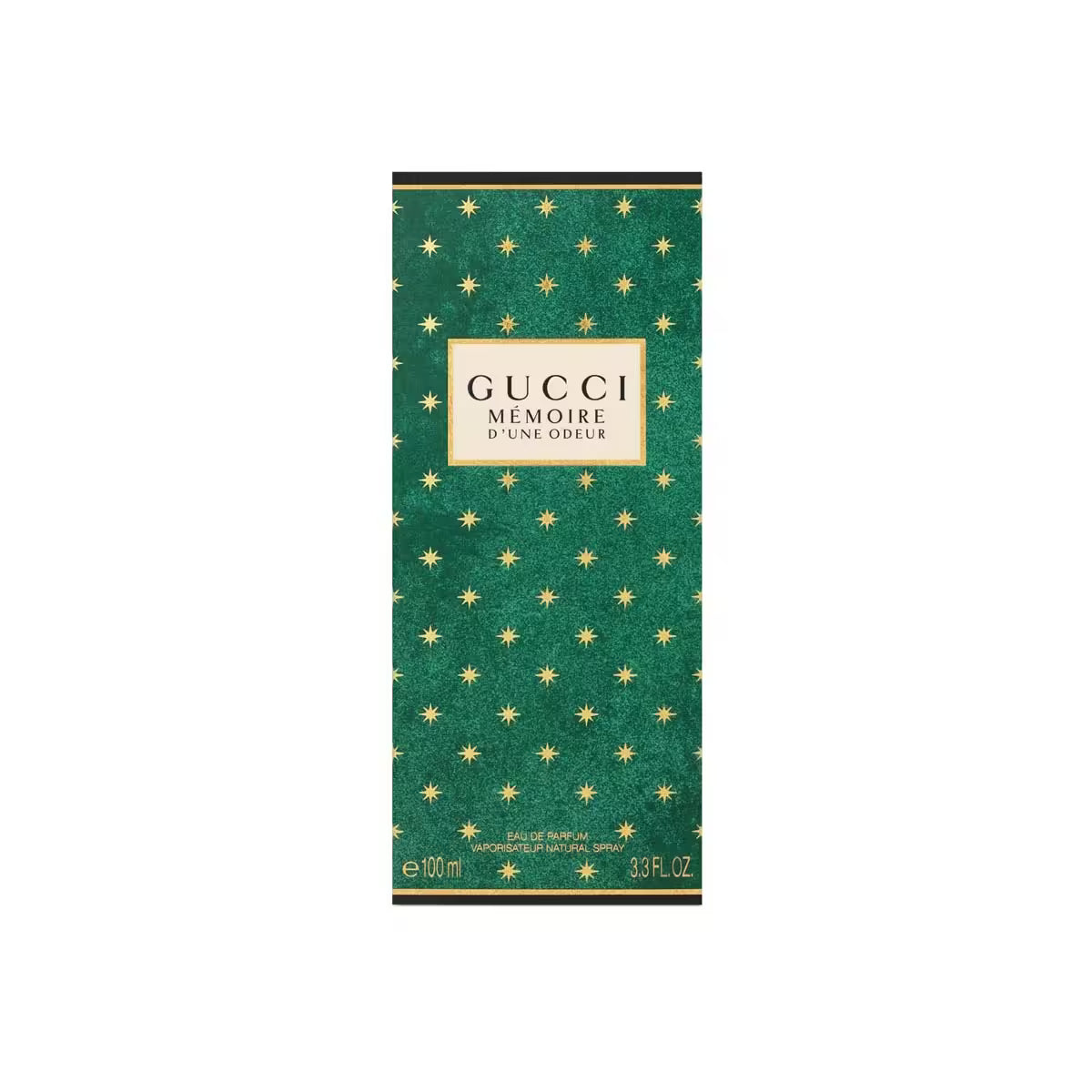 Gucci Memoire d'Une Odeur perfume packaging with green and gold design. Gucci Mémoire d'une Odeur Eau de Parfum 100 ml (3.4 fl.oz)