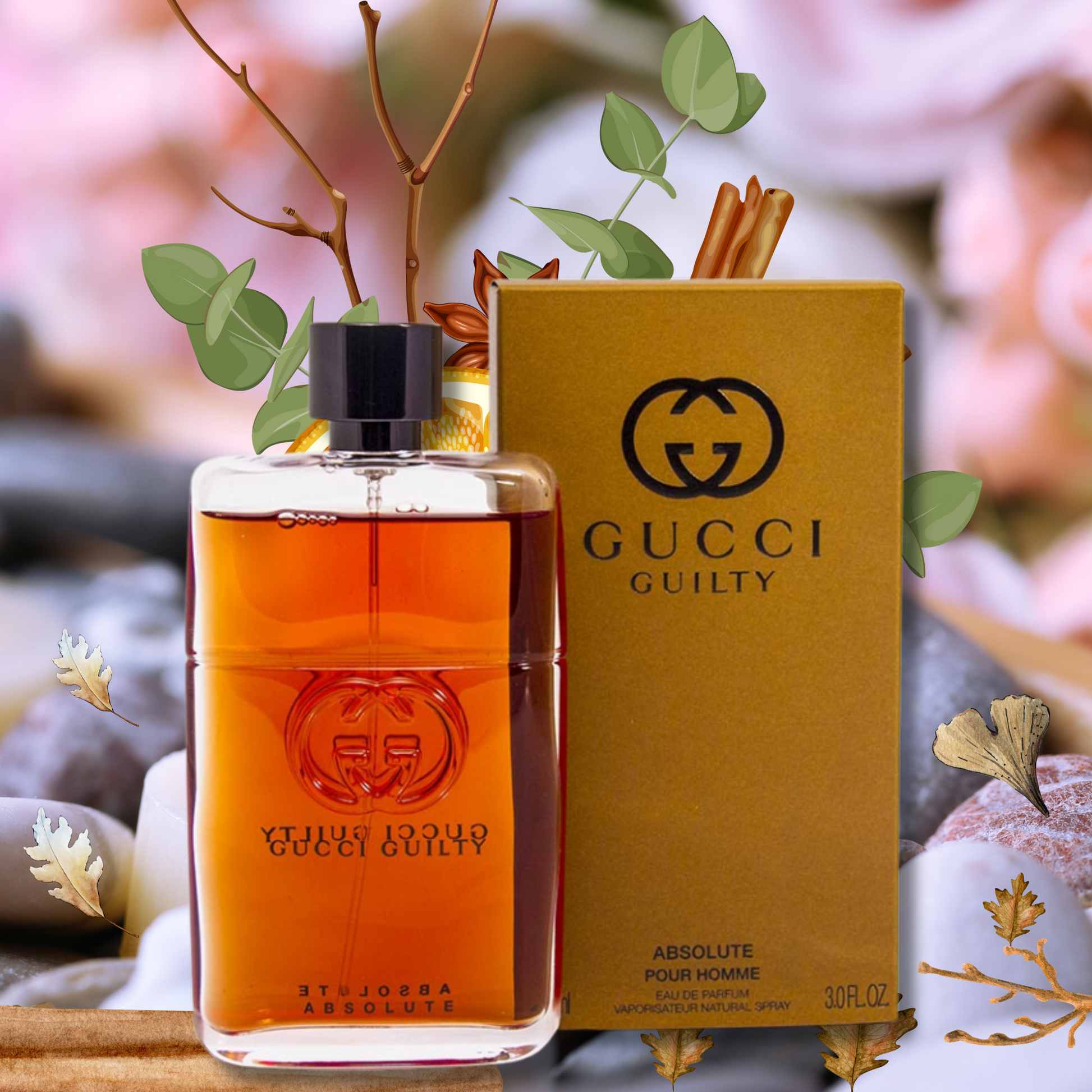 Gucci Guilty Absolute Pour Homme perfume bottle and packaging with decorative elements. Gucci Guilty Absolute Pour Homme Eau de Parfum 90 ml (3 fl.oz)