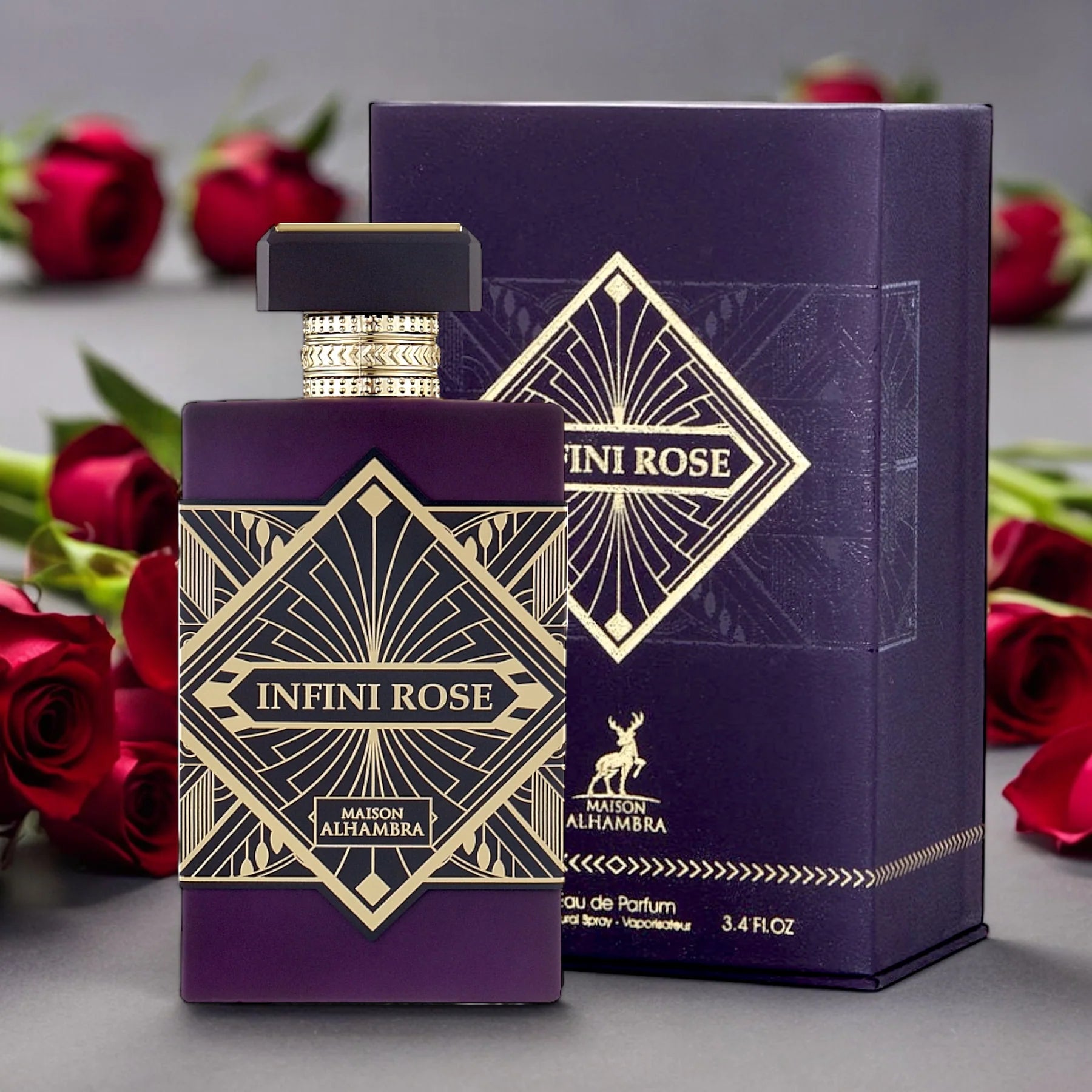Infini Rose perfume bottle and packaging with red roses in the background