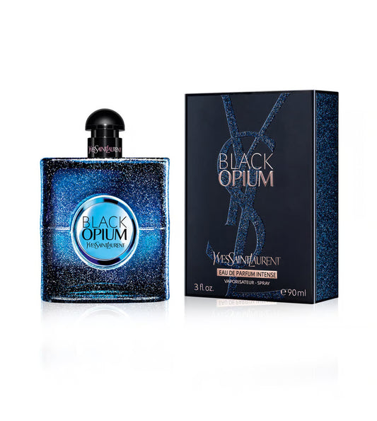 YSL Black Opium perfume bottle and packaging on a white background Yves Saint Laurent Black Opium Eau de Parfum Intense 90 ml (3 fl.oz)