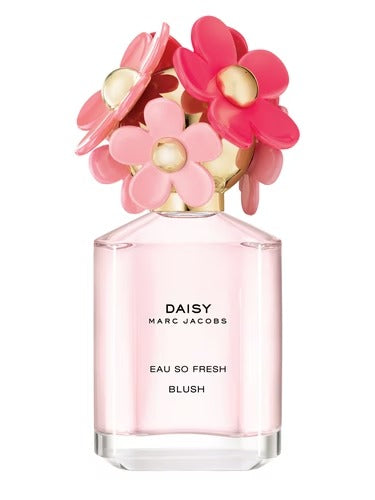Pink Marc Jacobs Daisy Eau So Fresh Blush perfume bottle with floral design on a white background