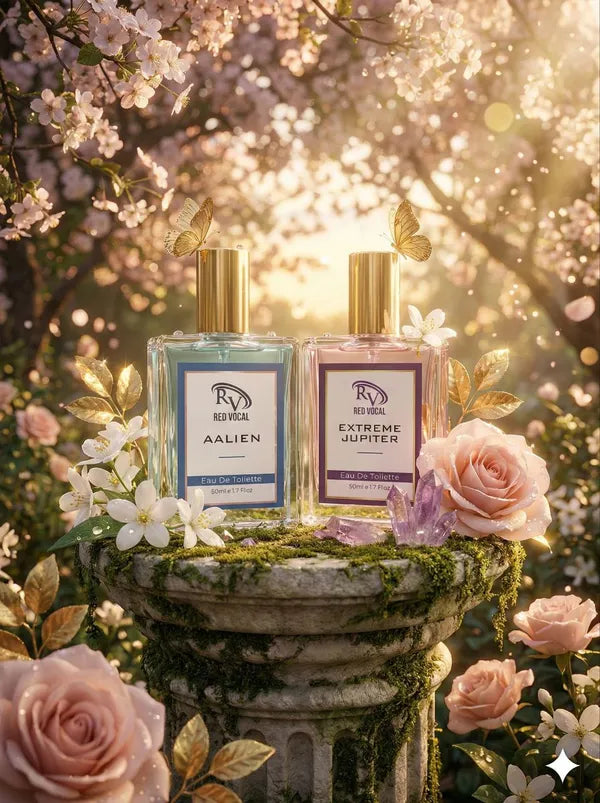 Two perfume bottles on a stone pedestal with flowers and butterflies in the background